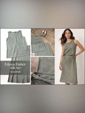 Eileen Fisher Silk 2Pc Set Tank & Skirt Green S Textured Stretch Waist 18.5x26